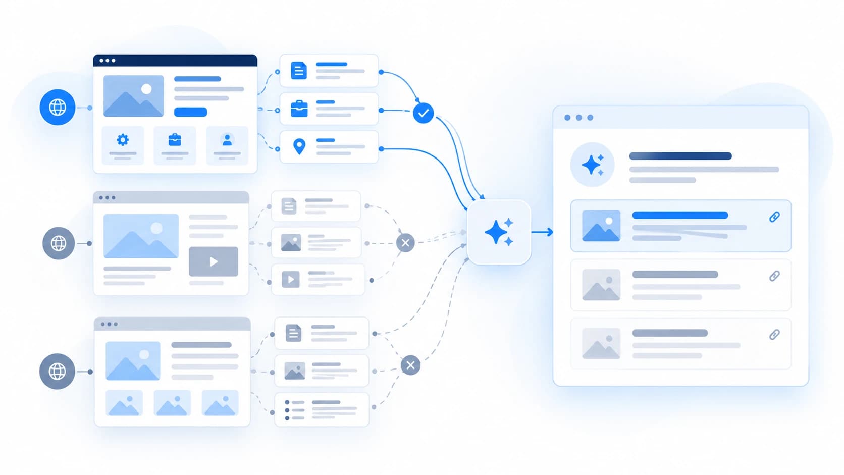 AI system evaluating multiple website sources and selecting one to cite while others are passed over