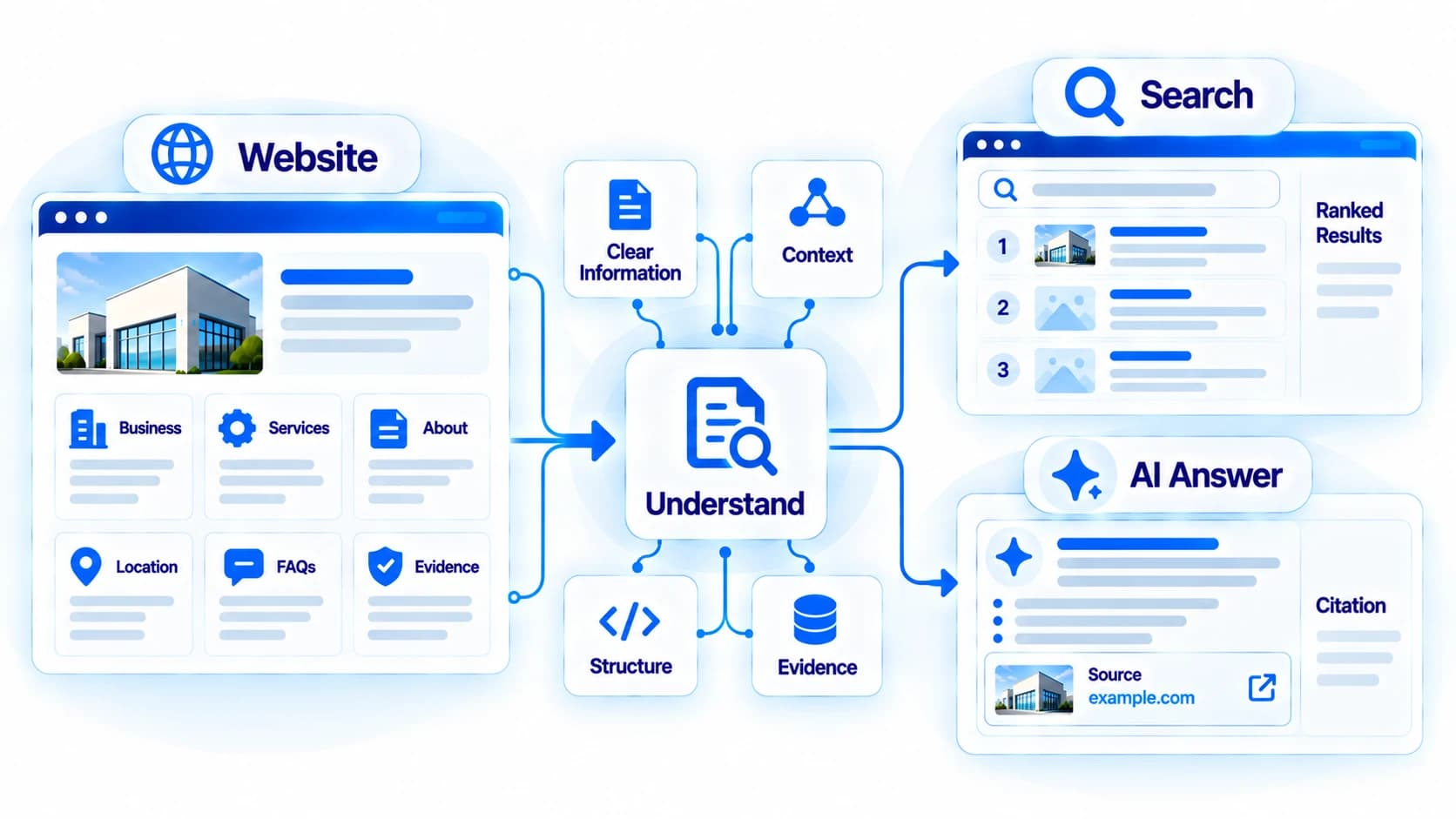 Diagram showing how website information is understood by AI systems and can contribute to search results and citations