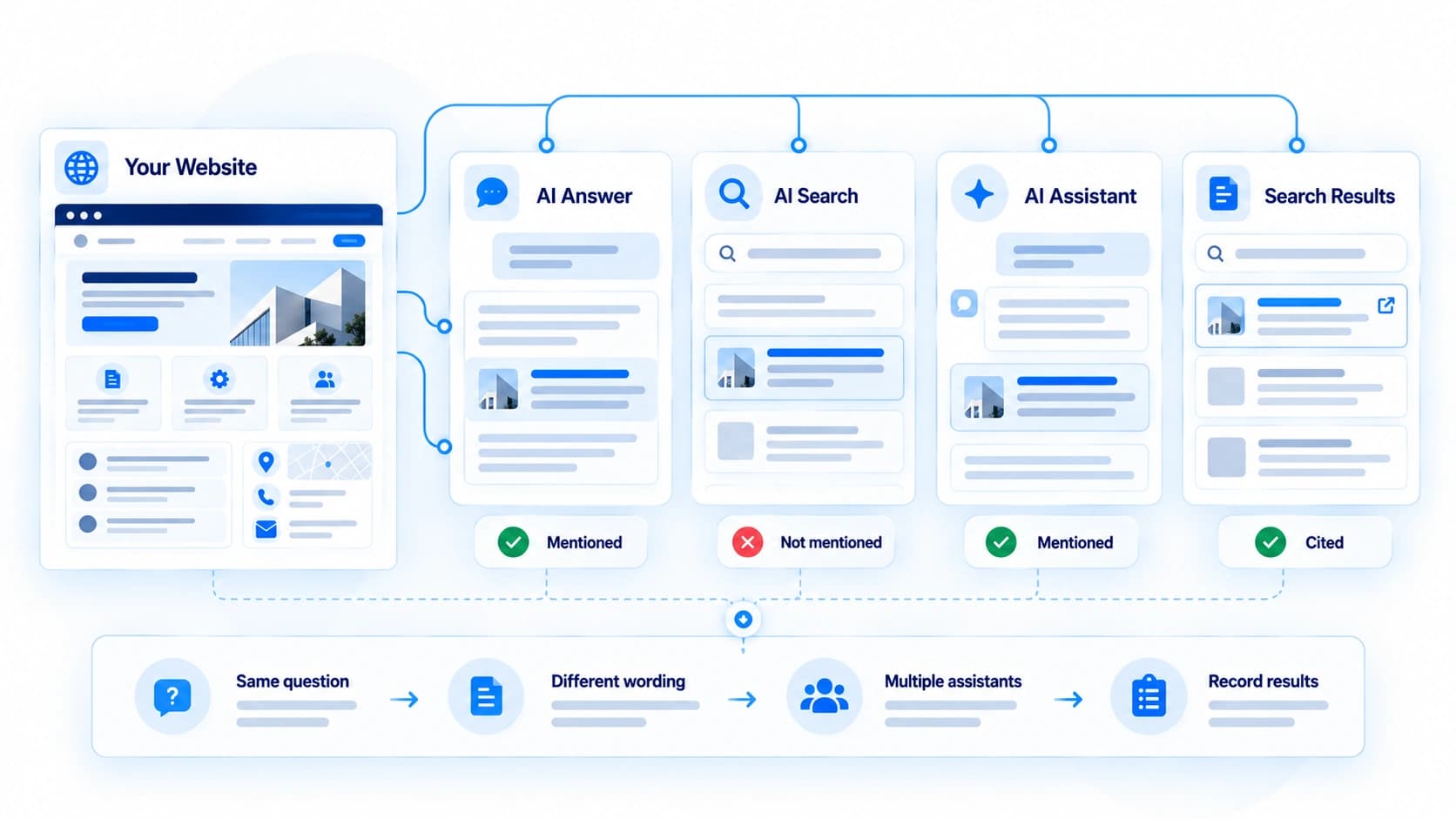 Manual process for checking AI visibility: the same question asked with different wording across multiple AI assistants, with each result recorded