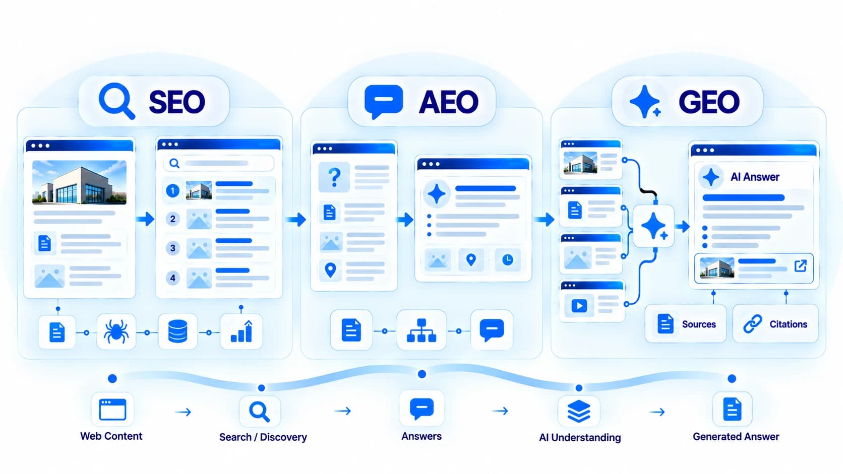 Diagram showing the workflow from web content through search, answers, AI understanding, and generated answers