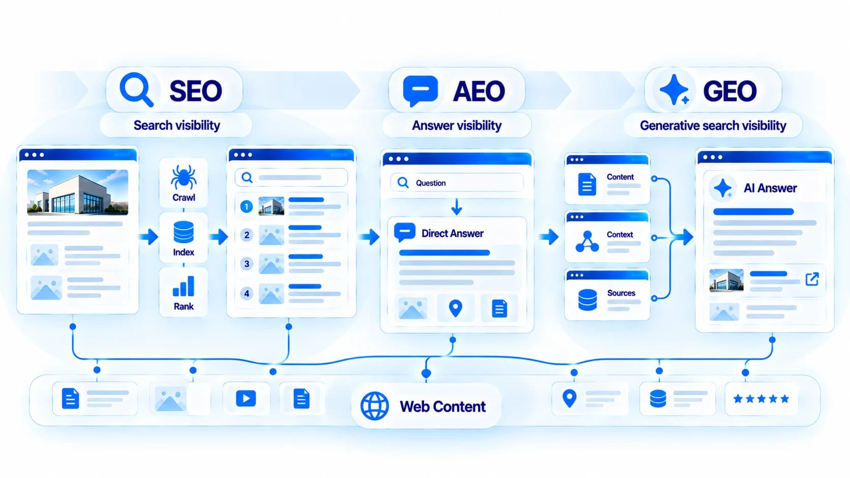 Diagram comparing SEO, AEO, and GEO across search, answer, and generative search visibility