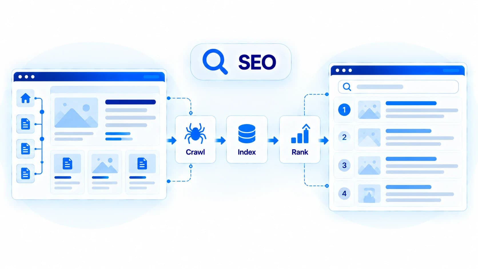 Traditional search process showing crawling, indexing, and ranking