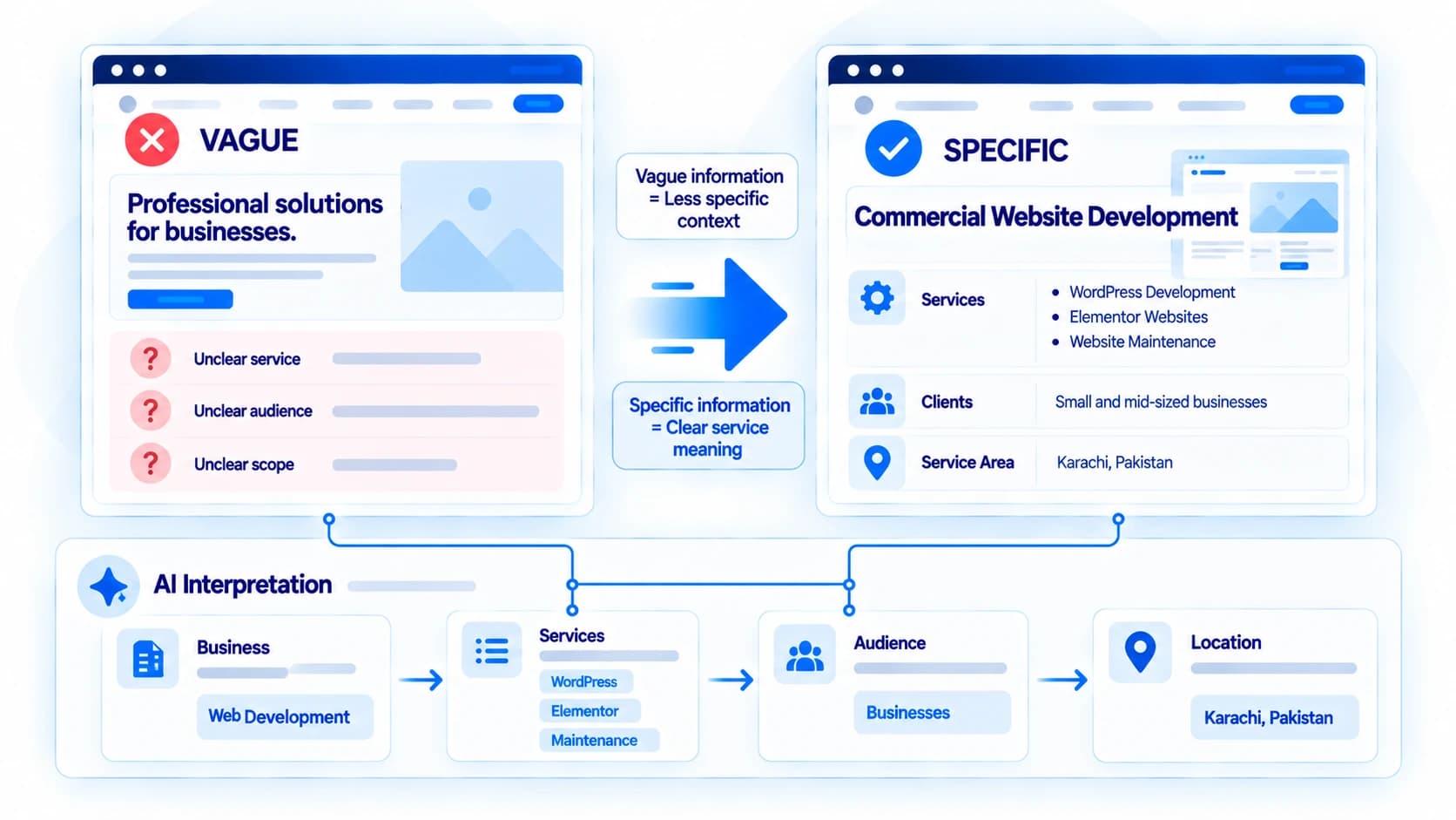 Vague business and service information compared with specific, structured information an AI system can interpret