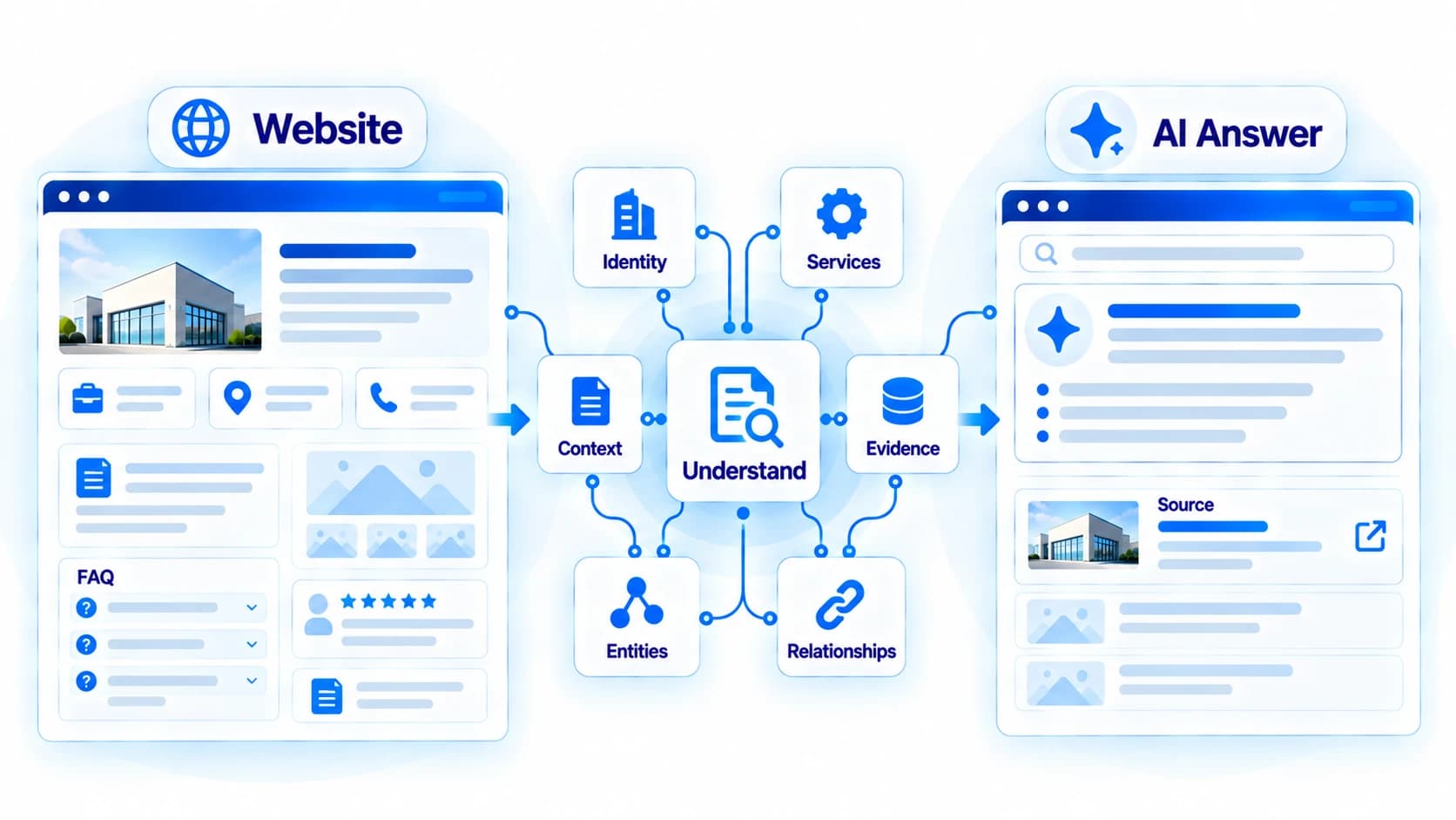 Diagram showing how website identity, services, context, entities, and evidence contribute to AI understanding
