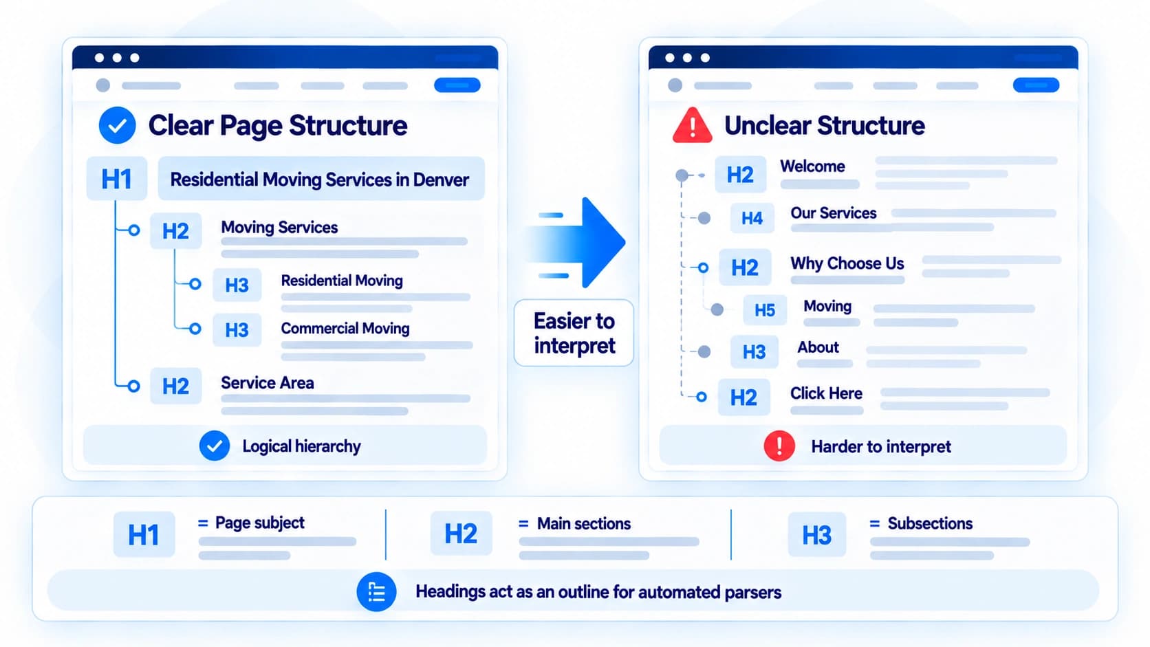 Clear versus unclear website heading hierarchy, comparing logical H1, H2, and H3 structure to disorganized headings
