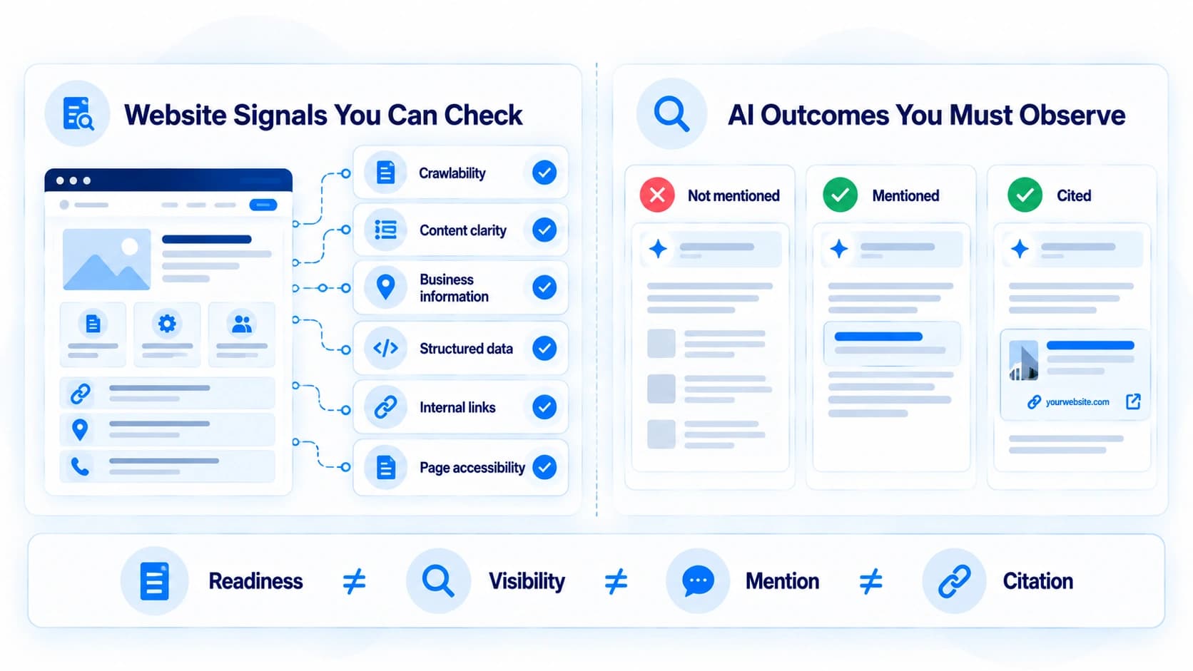 Website signals a site owner can check directly, next to AI outcomes that can only be observed: not mentioned, mentioned, or cited