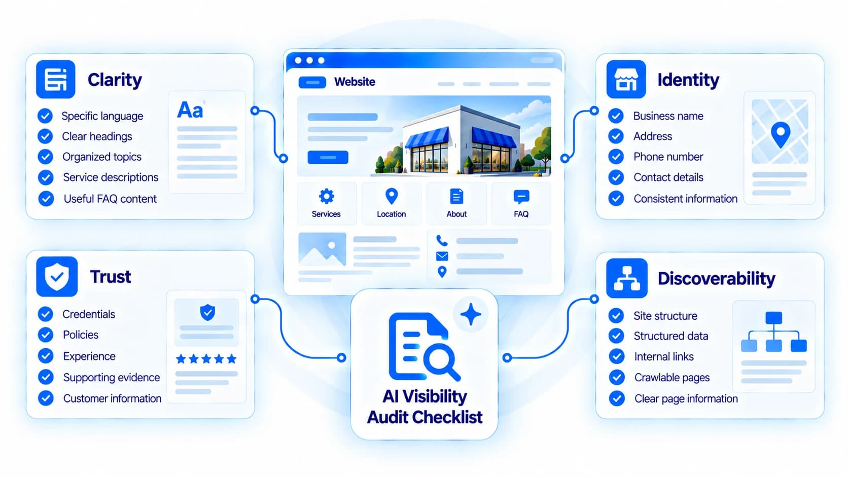 AI visibility audit checklist covering clarity, identity, trust, and discoverability