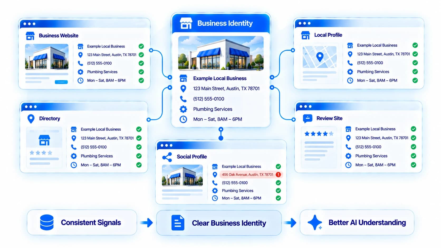 Business identity information compared across a website, directory, social profile, and review site